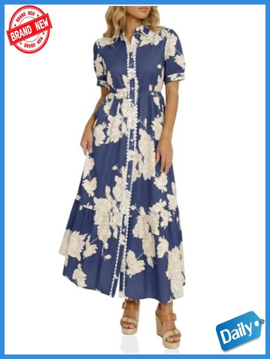 Dresses & Skirts - Womens Maxi Shirt Dress Floral Short Sleeve Button Down Drawstring Waist Boho